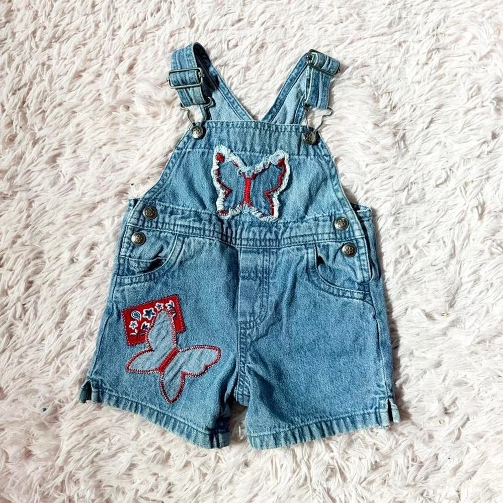 Vintage 90s Americana Distressed Butterfly Retro Utility Overall Denim Baby 3-6M